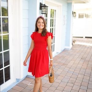 English Factory Red Smocked Ruffle Sleeved Dress